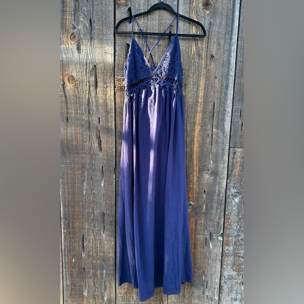 NWT Moon River Navy Blue Cotton Lace Tie Back Maxi Dress with Adjustable Straps - Picture 2 of 10